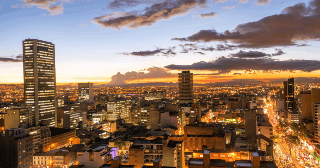 Bogota business district skyline at dusk, Colombia