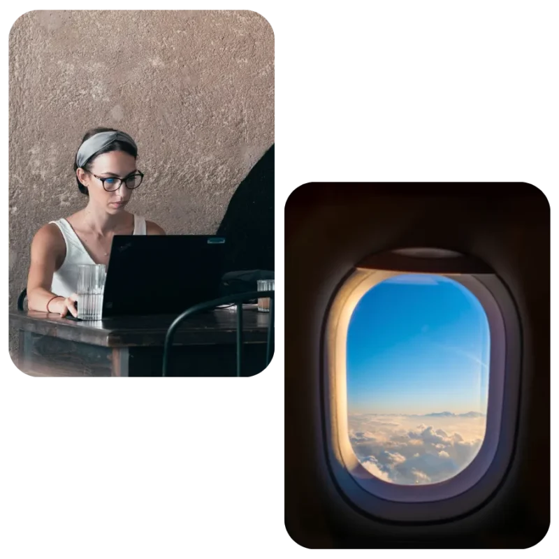 woman working remotely. Airplane window signifying global work from anywhere policy