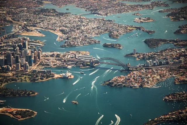 Aerial view of Sydney Harbour and the Harbour Bridge, Australia