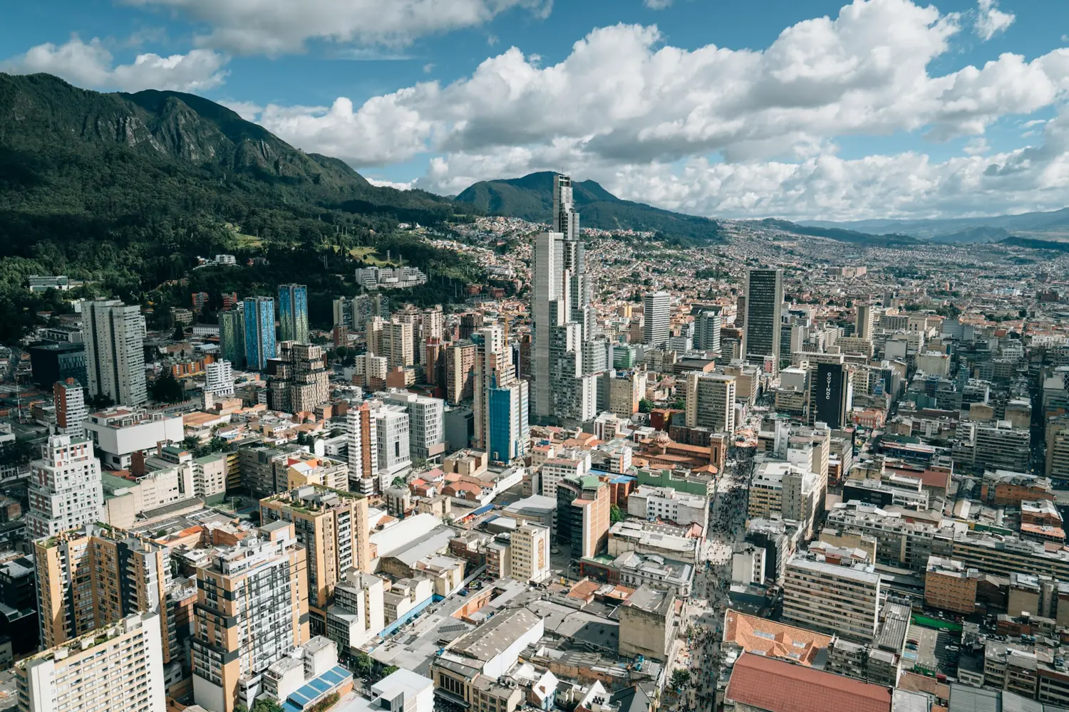 Aerial view of downtown Bogota with the Andes mountains, Colombia