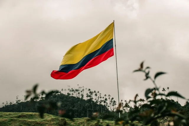 Colombian national flag flying over palm-covered hills