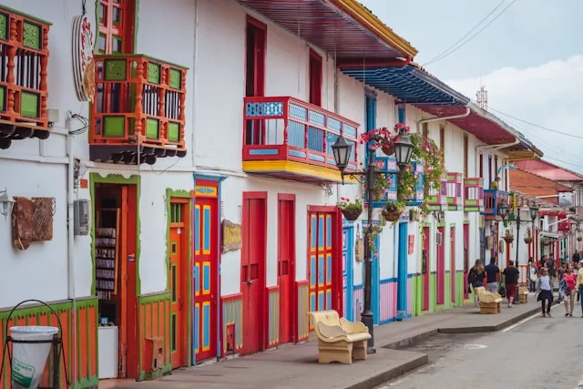Colourful colonial houses lining a street in a Colombian town