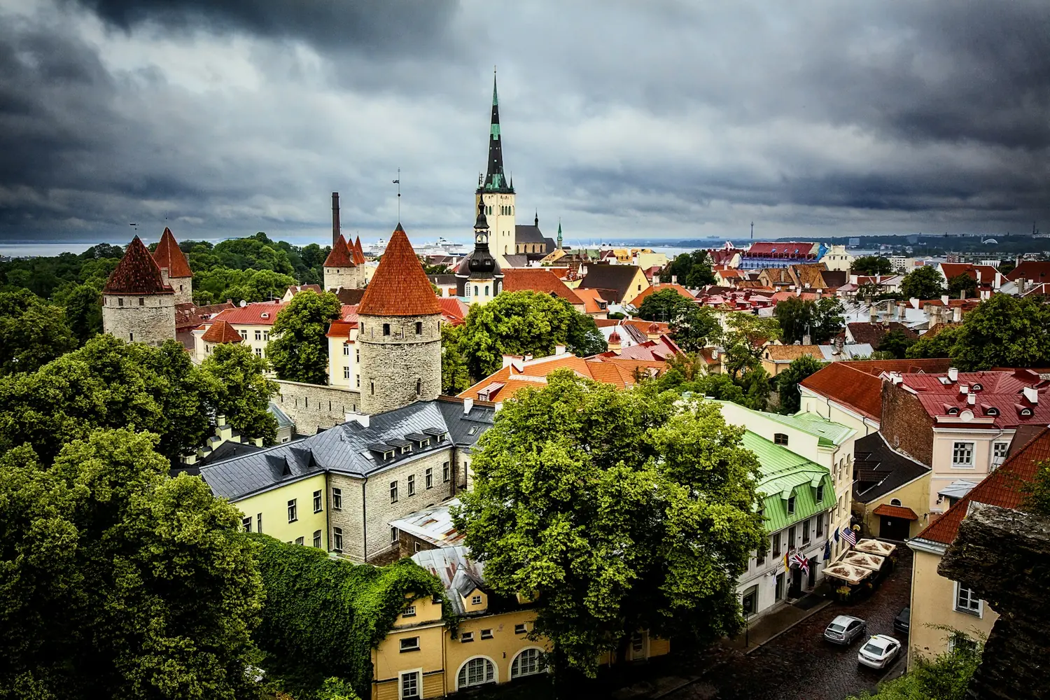 Aerial view of Tallinn Old Town rooftops and St. Olaf's Church, Estonia