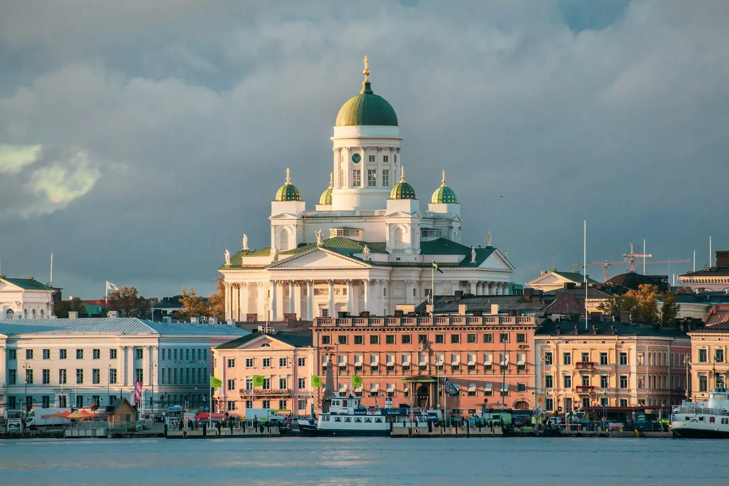 Helsinki Cathedral and the harbour waterfront at golden hour, Finland