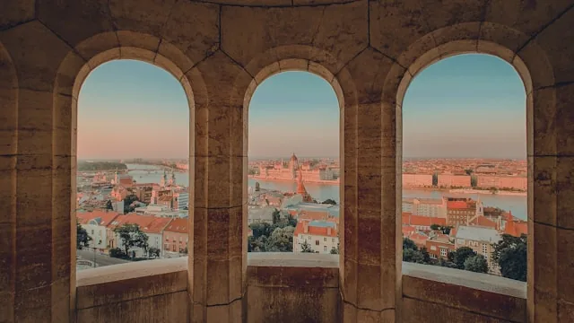 View of Budapest and the Danube through the arches of the Fisherman's Bastion, Hungary