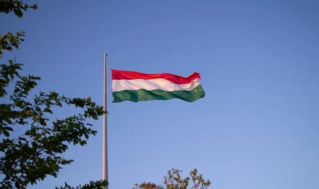 The Hungarian national flag flying against a blue sky