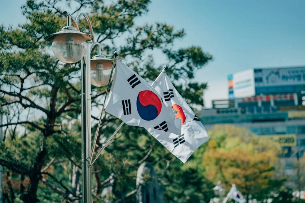 Two South Korean national flags, the Taegukgi, flying from a lamppost beside a pine tree on a city street