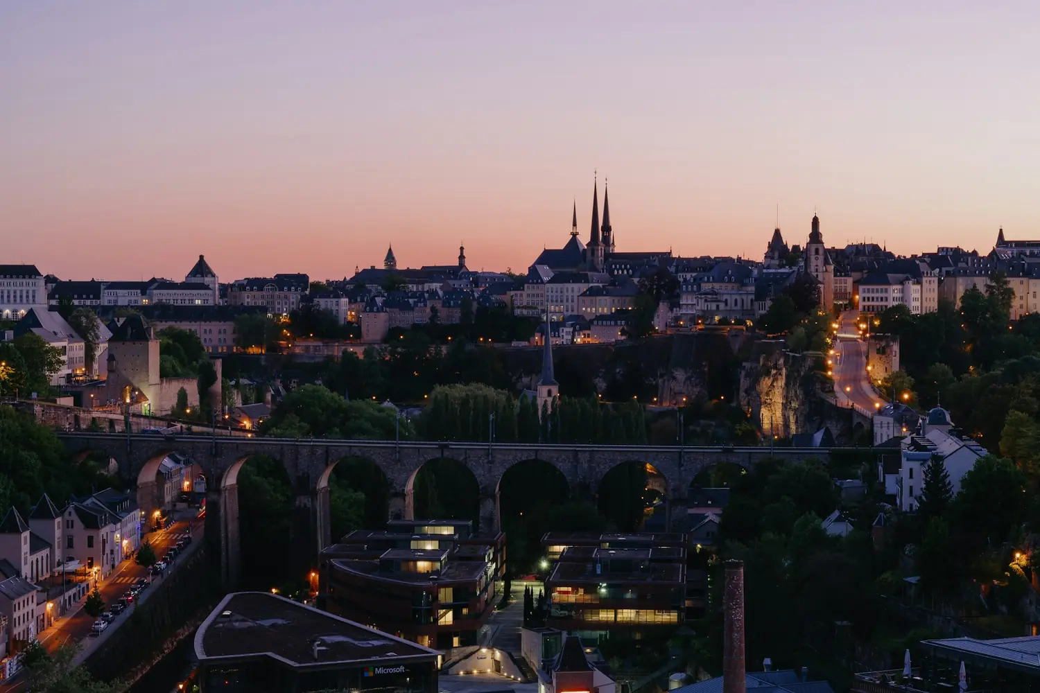 Luxembourg City old town and the Passerelle viaduct at dusk, Luxembourg
