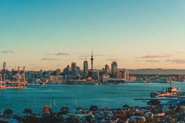 Auckland skyline at golden hour, New Zealand