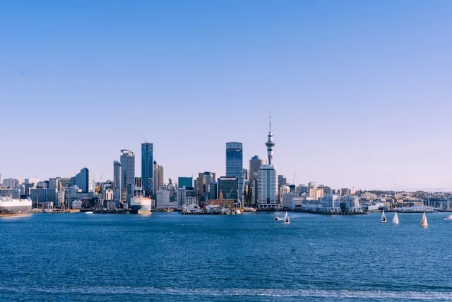 Auckland city skyline and Sky Tower from the water, New Zealand