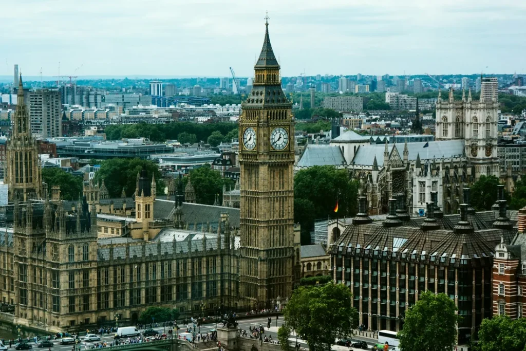 Big Ben and the Houses of Parliament at Westminster seen from above, with Westminster Abbey and the London skyline behind, United Kingdom