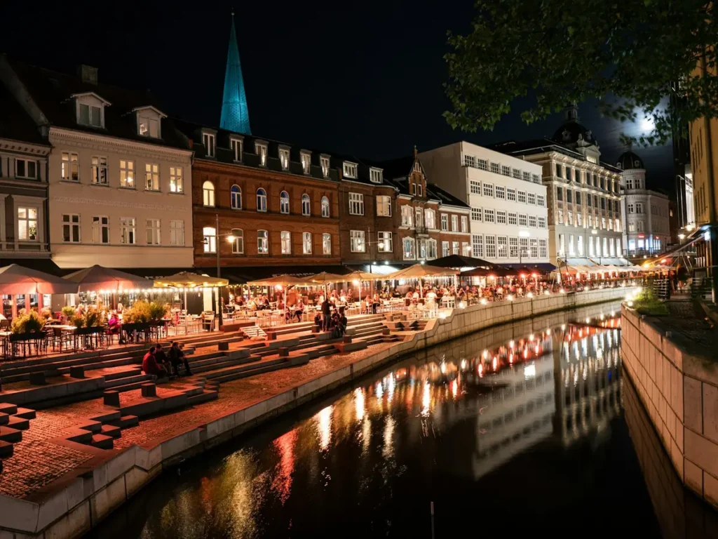 Riverside terraces and the cathedral spire on the Aarhus River at night, Aarhus, Denmark