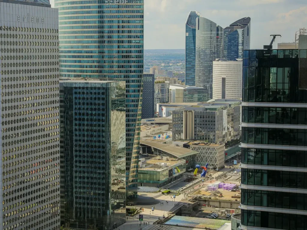 Office towers and the central plaza of La Defense business district near Paris, France