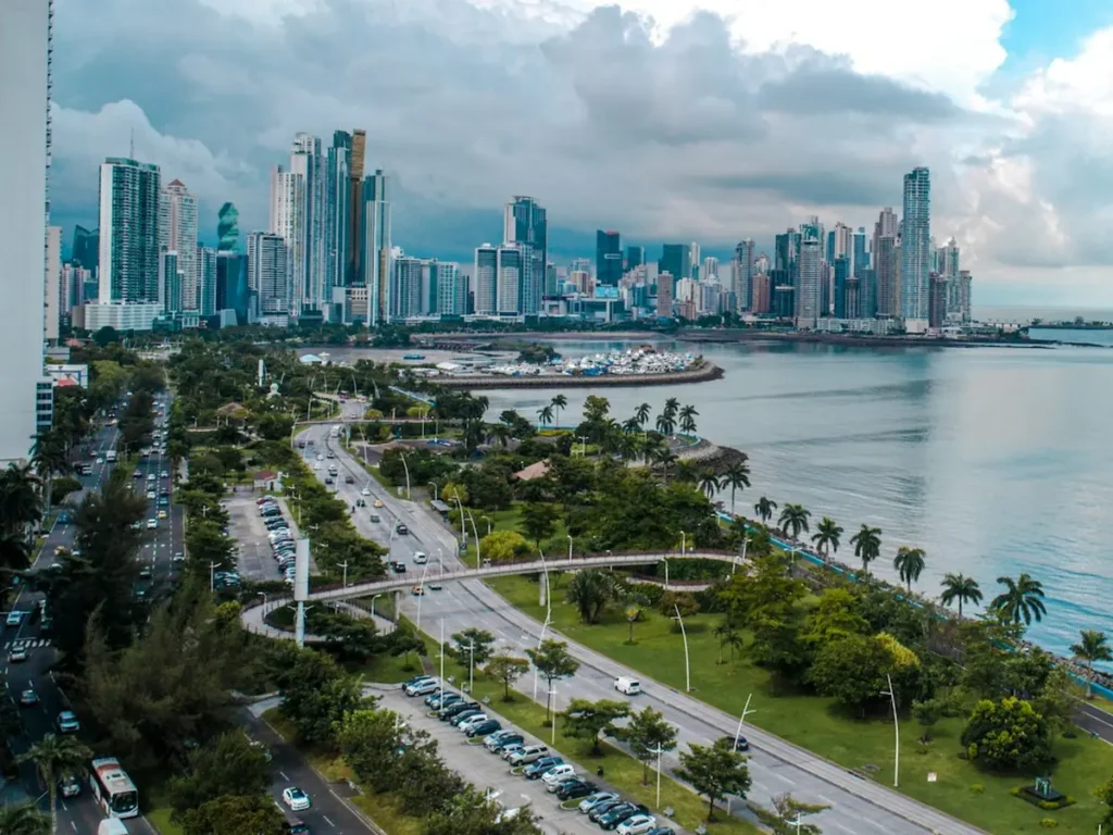 High-rise towers of Panama City above the Cinta Costera waterfront on Avenida Balboa, Panama