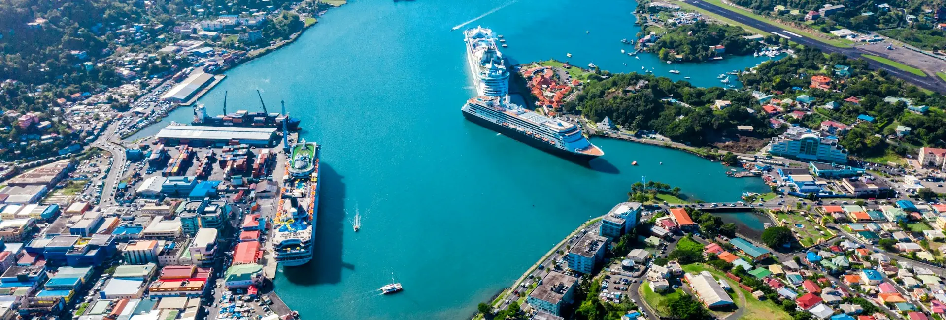 Aerial view of Castries harbour with the container port, cruise ships and the city centre, Saint Lucia