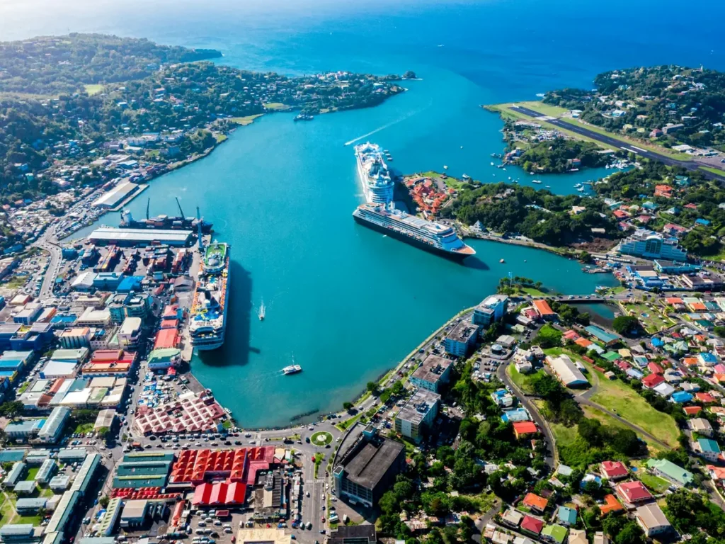 Aerial view of Castries with its harbour, city centre and George F. L. Charles Airport, Saint Lucia