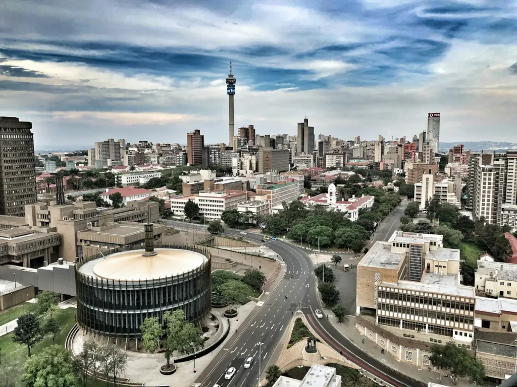 Aerial view of Johannesburg with the Hillbrow Tower above the inner city, South Africa