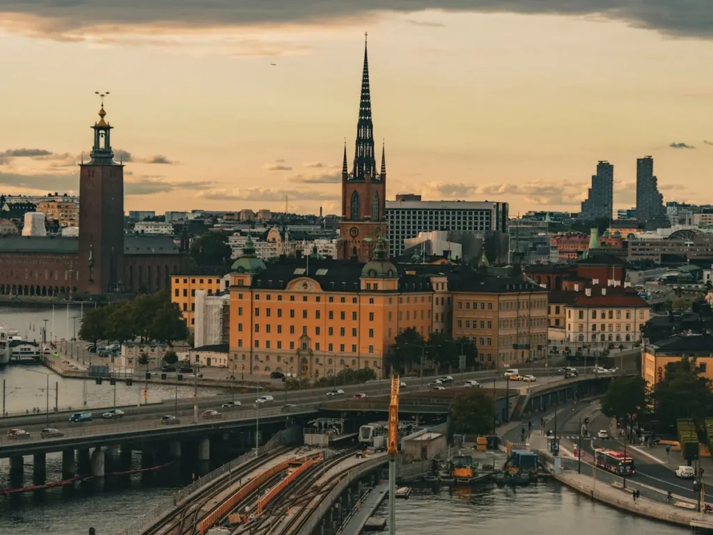 Stockholm City Hall, Riddarholmen and the Centralbron bridge at sunset, Sweden