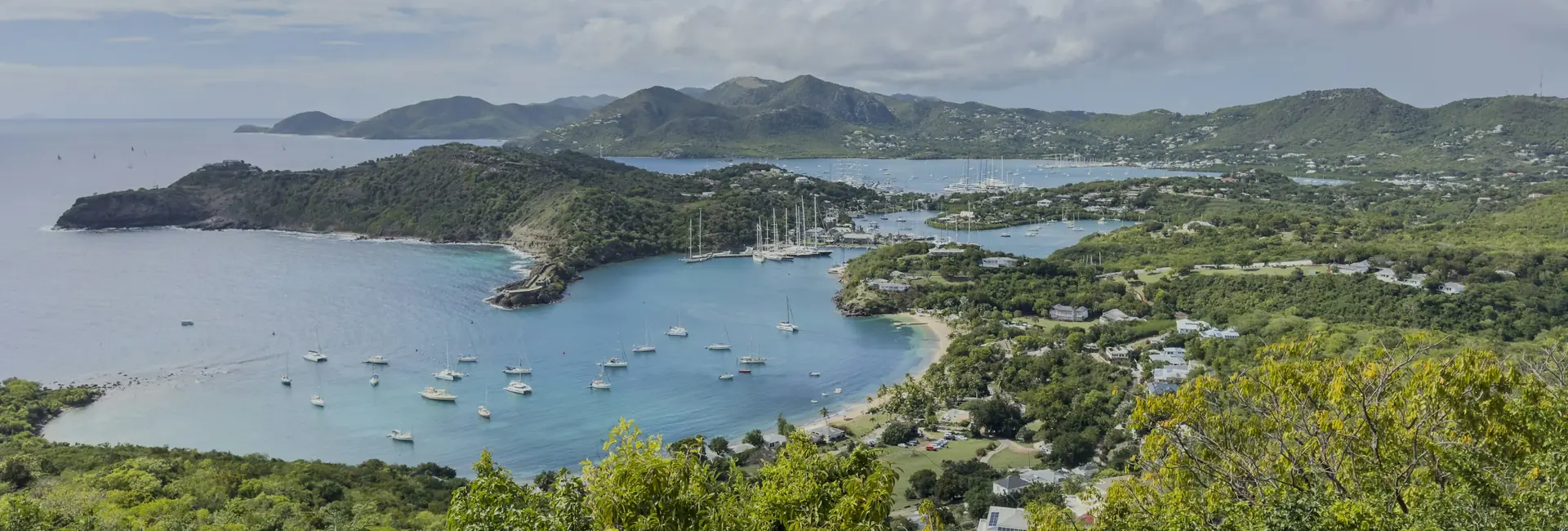 English Harbour and Falmouth Harbour among green hills, Antigua and Barbuda