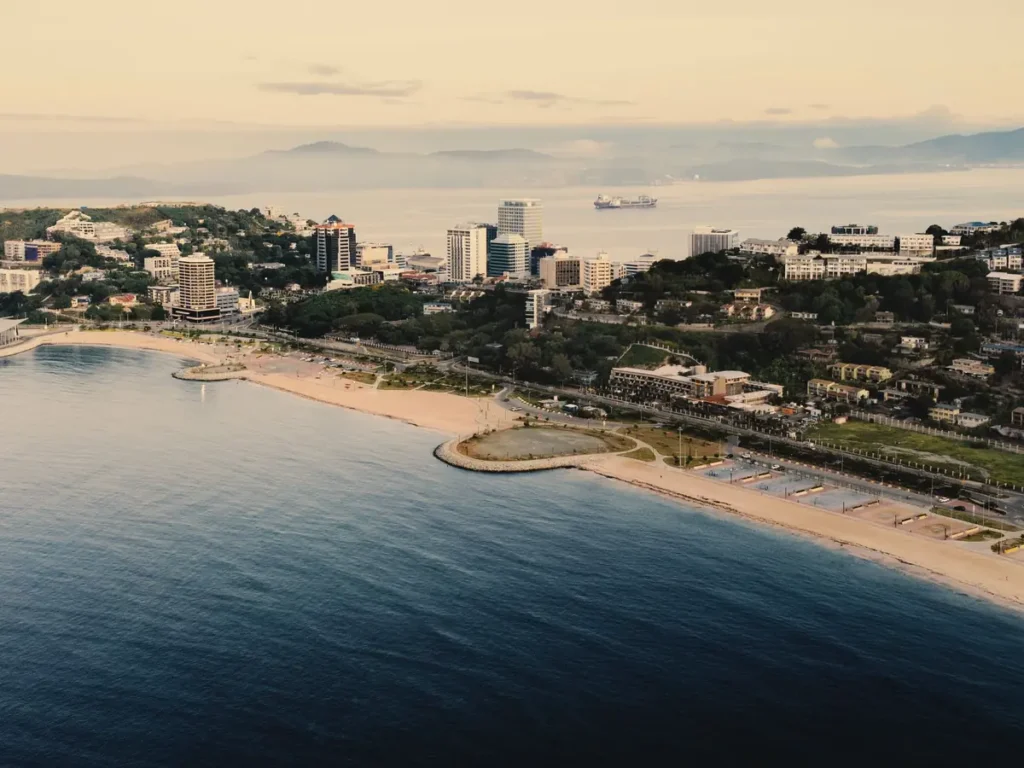 The Port Moresby coastline and city centre from the air, Papua New Guinea